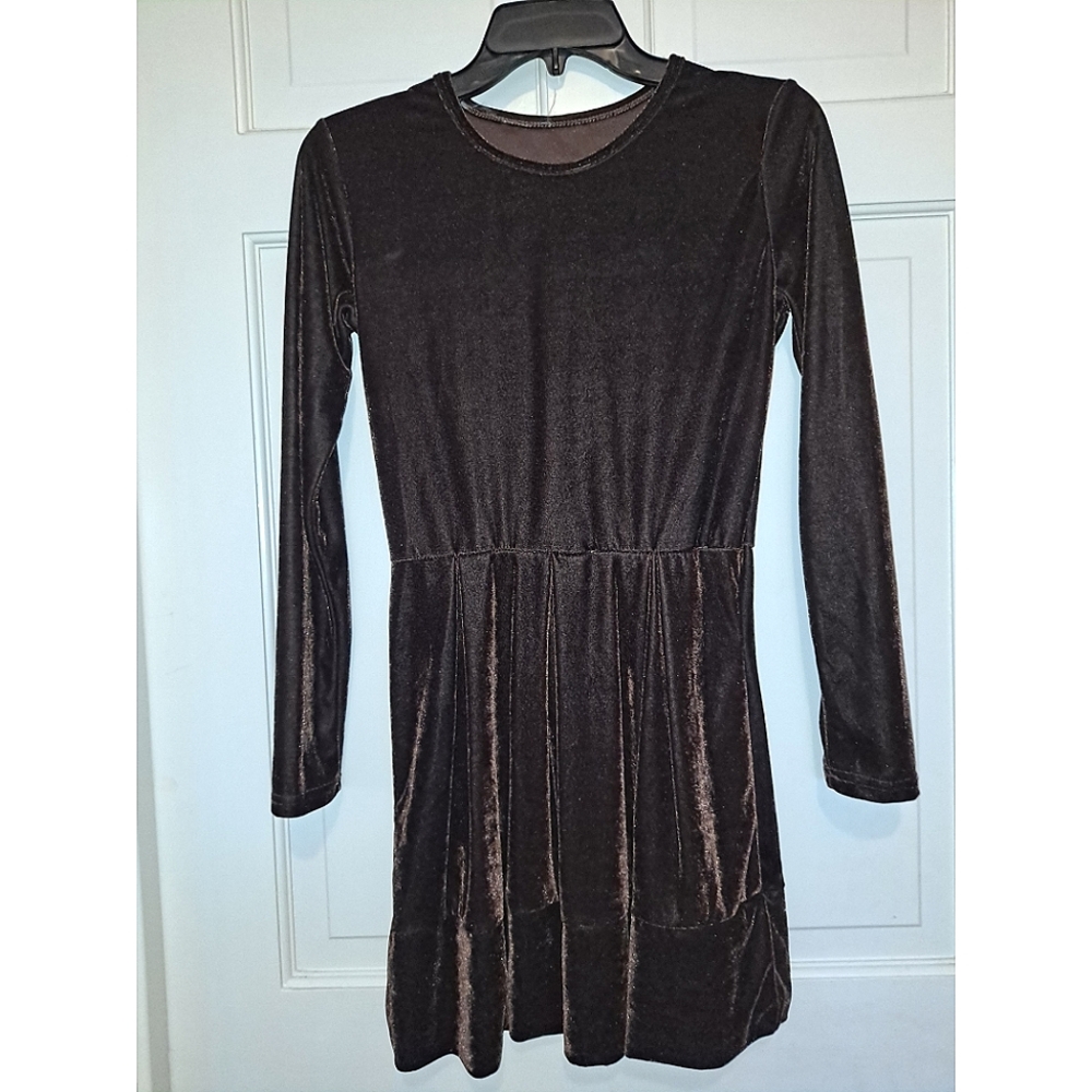 Women’s Brown long sleeve velvet dress soft mini babydoll modest formal holiday